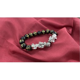 B2112086 六字真言雙貔貅黑圓珠手鏈  Brave Troops Bracelet, Oṃ Maṇi Padme Hūṃ