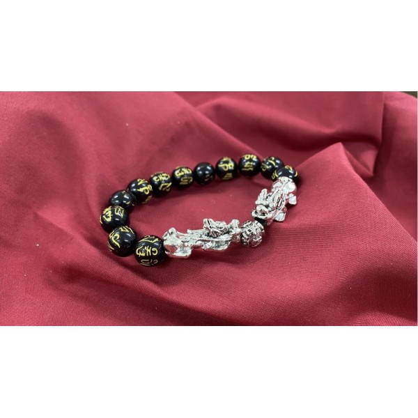 B2112086 六字真言雙貔貅黑圓珠手鏈  Brave Troops Bracelet, Oṃ Maṇi Padme Hūṃ