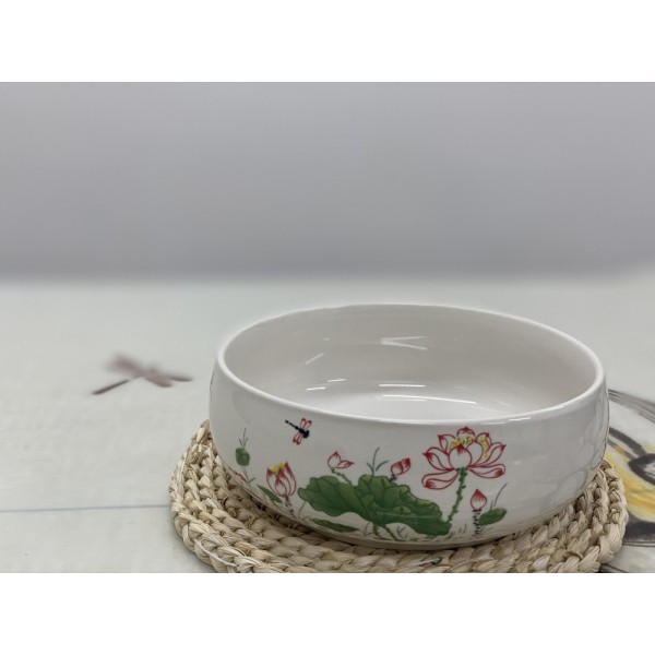 T2112037 白瓷茶洗-紅荷 Porcelain Tea Bowl, Dragonfly on the pond