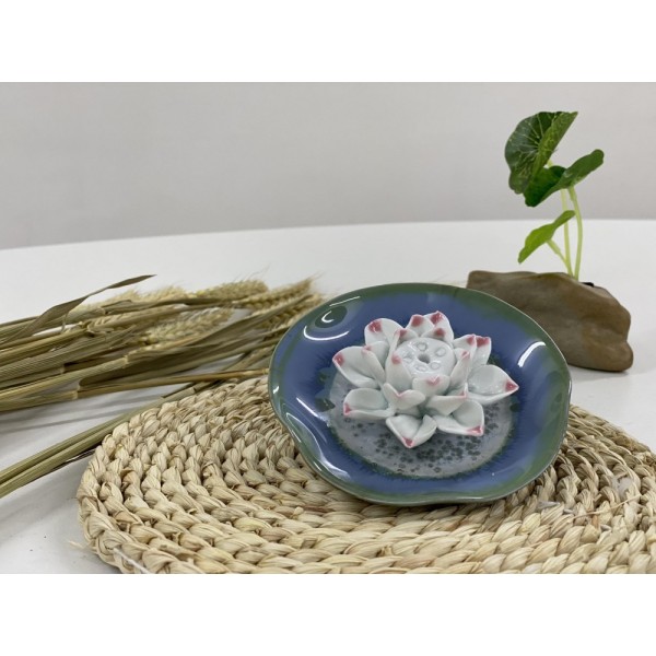 B2112022B 藍小碟蓮花香托 Ceramic Stick Incense Burner Holder, Spotted Blue Plate, Lotus