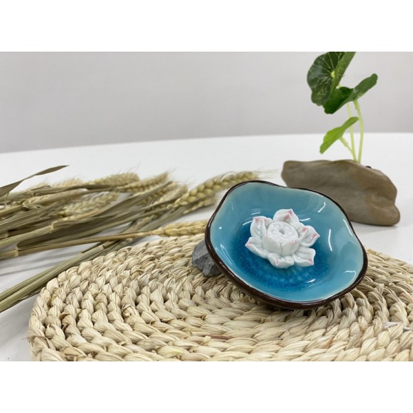 B2112022A 五花葉子蔚藍 香托 Ceramic Stick Incense Burner Holder, Blue Plate, Lotus